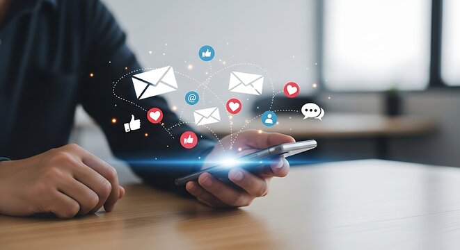 Hands holding a smartphone with glowing social media and communication icons