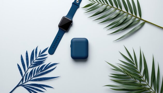 Electronic Timepiece, Audio Device, and Botanical Accents Arranged on a Clean, Minimalist Surface