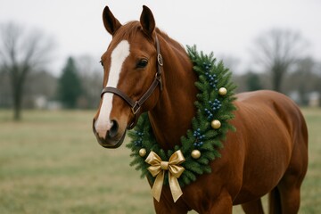 Festive brown horse wearing Christmas wreath with golden bow and ornaments standing in open field on winter day. Ai generative. Ai generative