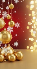 Festive holiday background with golden baubles, snowflakes, and bokeh lights. Christmas.