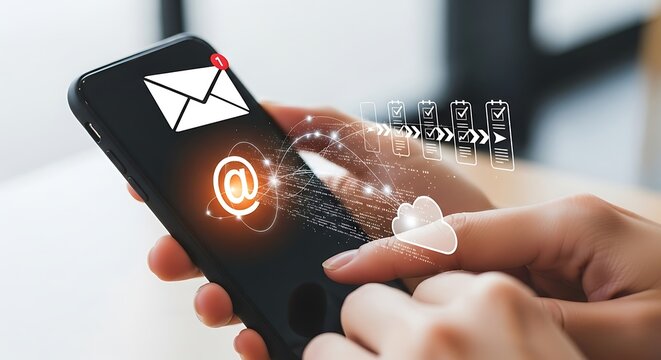 Person's hands holding a smartphone with digital email and workflow icons