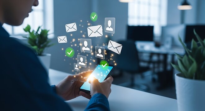 Hands interacting with smartphone displaying network and message icons in an office