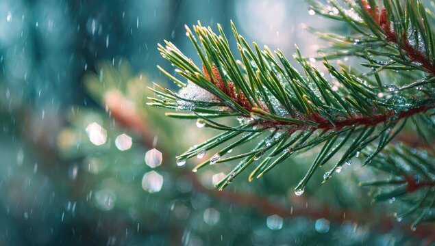 Close-up pine branch in winter rain - Powered by Adobe