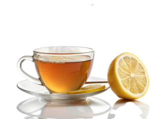 Refreshing hot tea with a slice of lemon on a clear saucer, perfect for a cozy moment