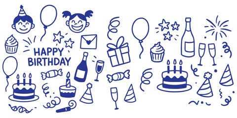 Birthday celebration party hand drawn items are showcased in a birthday sketch, complete with cake, kids, holiday doodle art drawing, and modern elements, along with a birthday card and gift