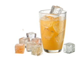Refreshing orange juice with ice cubes, perfect for a hot summer day