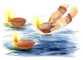 Watercolor painting of hands gently placing a terracotta diya - oil lamp with a burning flame onto the water's surface, alongside two other floating lamps, suggesting a festival like Diwali or Kartik 
