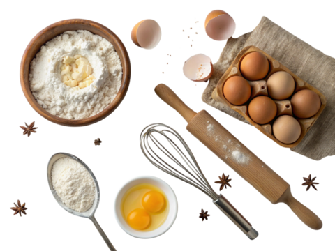 Baking ingredients and tools laid out for preparation including flour, eggs, butter, and a whisk