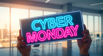 cyber monday sign glowing in office setting, emphasizing online shopping deals and digital sales event. bright neon colors highlight retail promotion and e-commerce excitement.