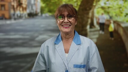 Senior hispanic woman cleaner smiling while standing on a city street in outdoor setting, wearing uniform and glasses, exuding cheerful and friendly demeanor.