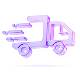 Glass holographic truck line 3d icon render. Fast express delivery service, free shipping goods, transport logistic. Crystal outline logo of moving van with neon purple pink gradient. 3D illustration