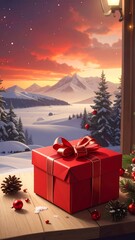 Snowy vista, red gift box on wooden table