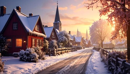 Snowy village street at sunrise