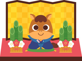 和服を着た馬と門松と屏風