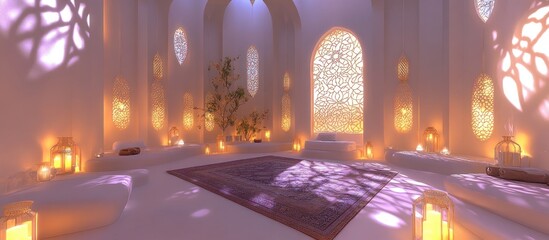 Serene spa room candles, ornate windows, peaceful background, wellness retreat