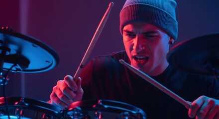 Young male drummer with an intense expression playing electronic drums. Musician performing with passion under dramatic neon red and blue lights. Live music concert concept