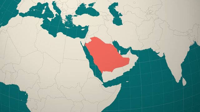 Saudi Arabia map. Animated zoom into the country on the Globe in Teal Pale Mint color palette. Country logo animation. Map with meridians, parallels. Authentic video.