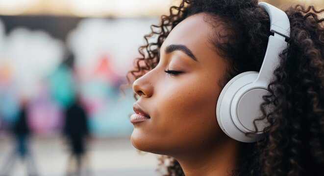 A relaxed woman listening to music on white headphones in the city. Close-up profile with eyes closed for mindfulness and relaxation
