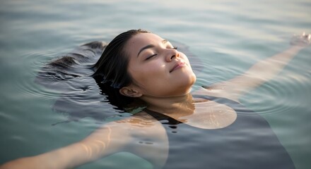 Young woman relaxing while floating on her back in calm water. Tranquil portrait with eyes closed. Wellness and self-care concept