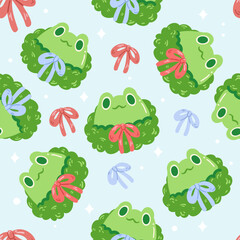 illustration of Cute Frog Wreaths with Bows Festive Holiday Seamless Pattern Background