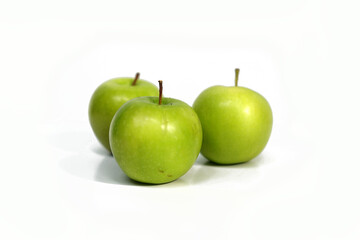 Group of Three green apples on White Background.
