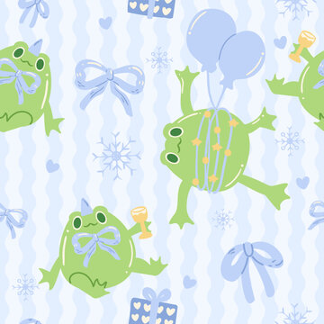 Whimsical Frog Balloons and Gifts Ribbon Festive Holiday Seamless Pattern