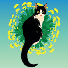 Black and white cat with flowers. Domestic cat. Vector illustration.