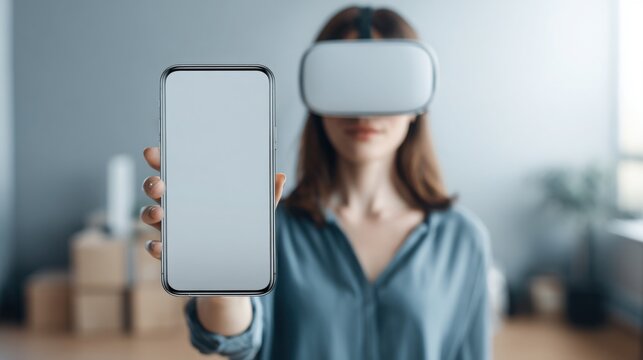 A woman holding a smartphone engaged in a virtual reality experience representing contextual ar banner technology - Powered by Adobe