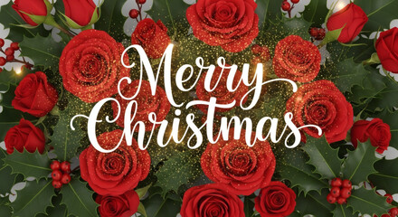 Romantic Merry Christmas Script Surrounded by Deep Red Roses, Holly Leaves, and Gold Sparkle