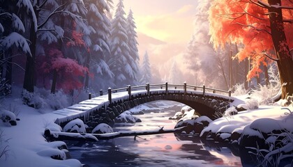 Snowy winter landscape with bridge over stream