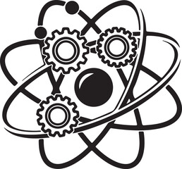  a stylized atom with gears in place of protons and neutrons, representing the fusion of science and technology
