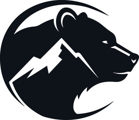  a bear head silhouette with mountain range inside, symbolizing wilderness and adventure, represents nature, wildlife, and outdoor exploration