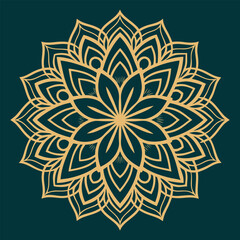 Dark Teal Floral Geometry Pattern, Gold Luxury Mandala