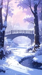 Snowy winter landscape with bridge