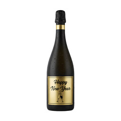 Chilled Champagne Bottle with 'Happy New Year' Gold Label - Transparent Background