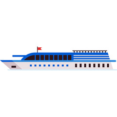 A Sleek White and Blue Passenger Ship with Many Windows Sailing on Water Under a White Background