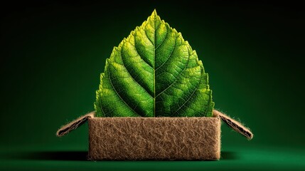 A leaf carefully placed inside a cardboard box representing eco-friendly subscription box concept and sustainability