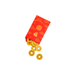 Lucky Red Envelope with Gold Chinese Coins for Lunar New Year - Transparent Background