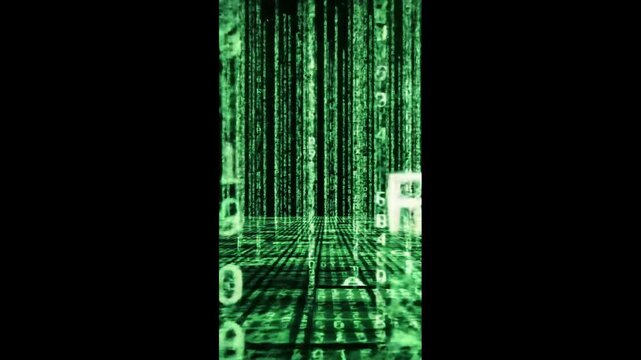 Digital rain of green binary code cascading down, creating a futuristic, technological, and abstract visual effect.