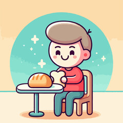 Illustration of a small child having bread for breakfast
