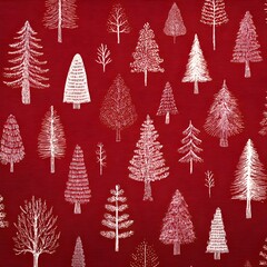 An elegant seamless pattern showcases hand drawn white Christmas trees on a deep red background, creating festive holiday textile designs.