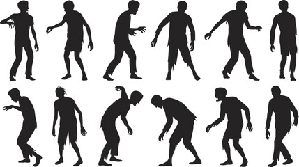 Zombie silhouettes collection, walking undead horror illustration, scary Halloween figures vector, spooky creature poses set, dark shadow monster design, cad drawing flat vector illustration