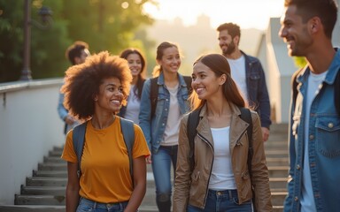Diversity, students and walking on university steps, school stairs or college campus to morning class. Smile, happy people and bonding education friends in global scholarship opportunity or open day
