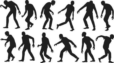 Zombie silhouettes set, walking undead vector illustration, horror Halloween characters collection, spooky creature poses design, black scary zombie figures, cad drawing flat vector illustration