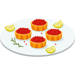 Pixel Art Plate With Four Tartlets Filled With Red Caviar Garnished With Lemon Slices And Dill Sprigs