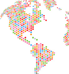 Fototapeta premium Abstract map of North and South America made of colorful dots. The continents have a slight curved globe shape on a transparent background.