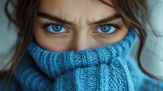 A close-up shot of a person wearing a blue scarf, highlighting the scarf's texture and pattern