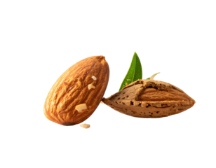 Two almonds, one cracked open, alongside a single leaf, on a stark black backdrop