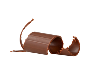 A single, swirling dark chocolate curl against a black, seamless background