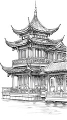 pavilion surrounded by lotus pond in hand drawn ink illustration style